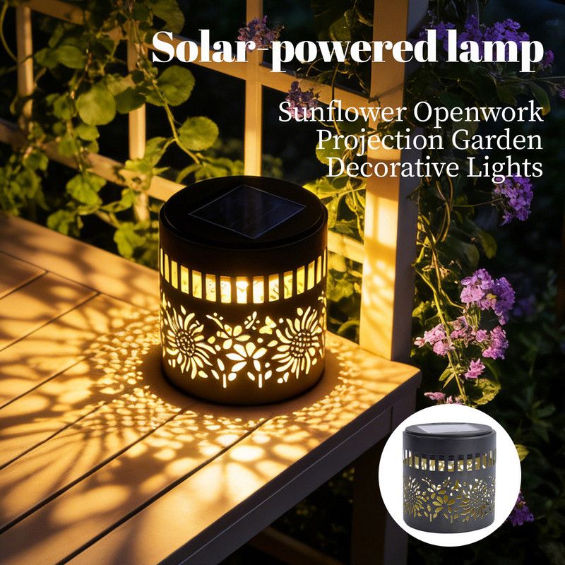 Solar-Powered Wrought Iron Sunflower-Patterned Openwork Projection Light, Courtyard and Garden Mood Light, Outdoor Waterproof Wrought Iron Garden Light, Lawn Night Light - 1-Pack - Image 1