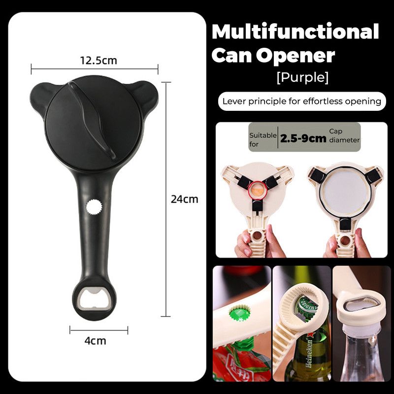 4-in-1 Multi-Function Can Opener, Essential Kitchen Tool for Opening Lids, Multi-Size Bottle Opener - Black - Image 2