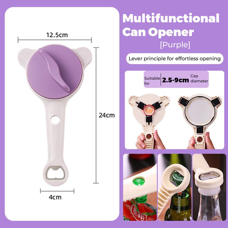4-in-1 Multi-Function Can Opener, Essential Kitchen Tool for Opening Lids, Multi-Size Bottle Opener - Purple - Image 2