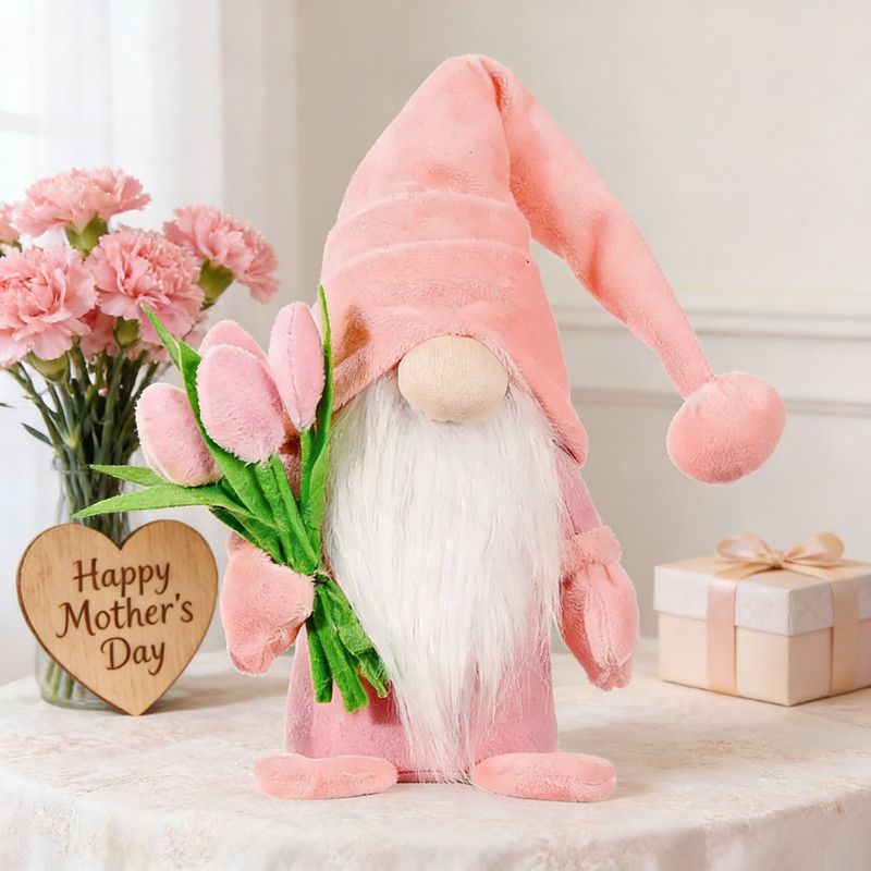 1pc Plush standing gnome doll — faceless old man figurine, festive tabletop ornament and gift.Pink faceless old man gnome holding a bouquet - Image 1