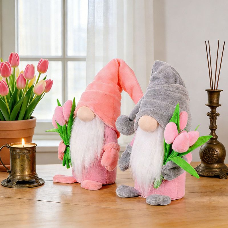 1pc Plush standing gnome doll — faceless old man figurine, festive tabletop ornament and gift.Pink faceless old man gnome holding a bouquet - Image 3