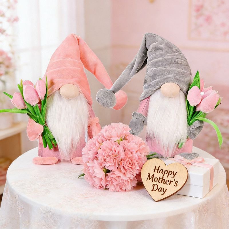 1pc Plush standing gnome doll — faceless old man figurine, festive tabletop ornament and gift.Pink faceless old man gnome holding a bouquet - Image 4