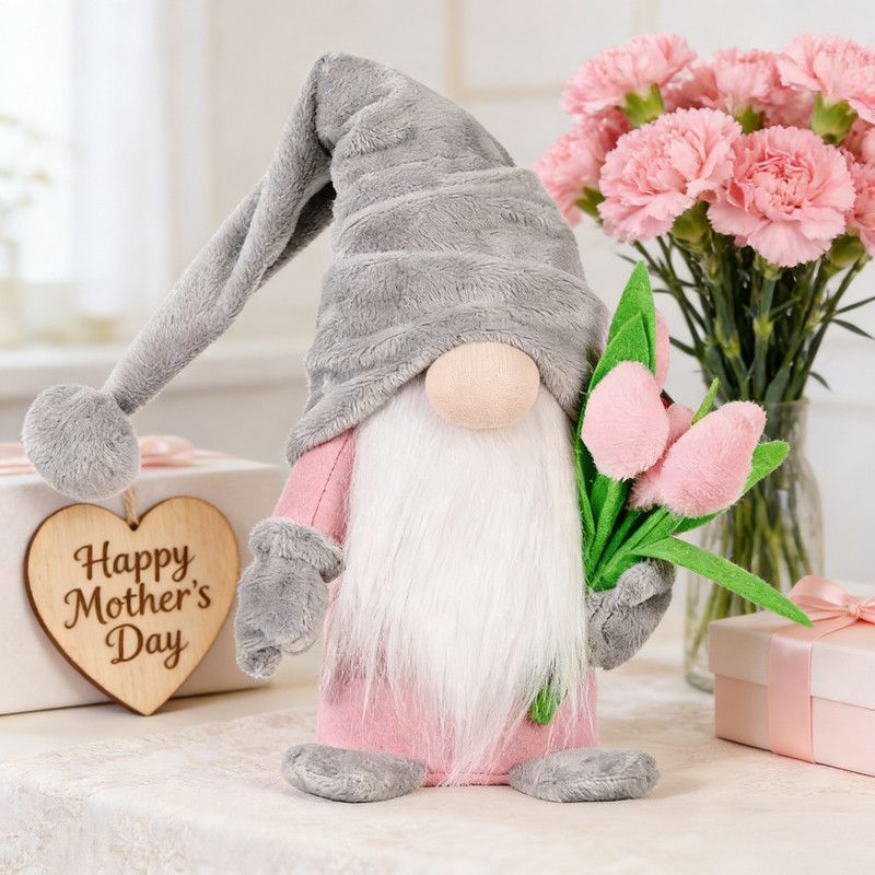 1pc Plush standing gnome doll — faceless old man figurine, festive tabletop ornament and gift.Gray faceless old man gnome holding a bouquet - Image 1