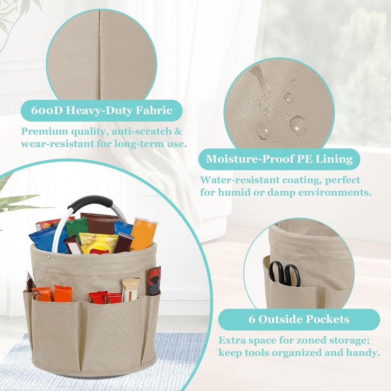 Garden Tool Organizer Bag 17L Collapsible Tool Bag Foldable Tool Organizer Outdoor Camping Portable Shower Caddy Cleaning Supply Caddy with Handle for Home Bathroom Storage Bath Wash Bag（khaki） - Image 6