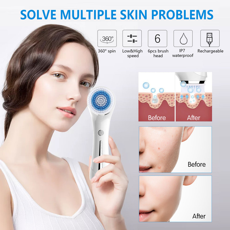 Multifunctional Electric Facial Cleanser - 6-in-1 Electric Facial Cleanser - Home Beauty Device - IPX7 Waterproof - 5 Brush Heads - Hot Compress Facial Cleanser - Image 3