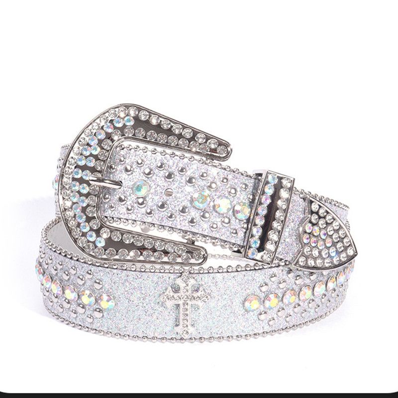 Y2K Bling Rhinestone Belt for Women Glitter Cross Studded Waist Strap Croc Texture Adjustable 105cm Dress Belt-White - Image 1