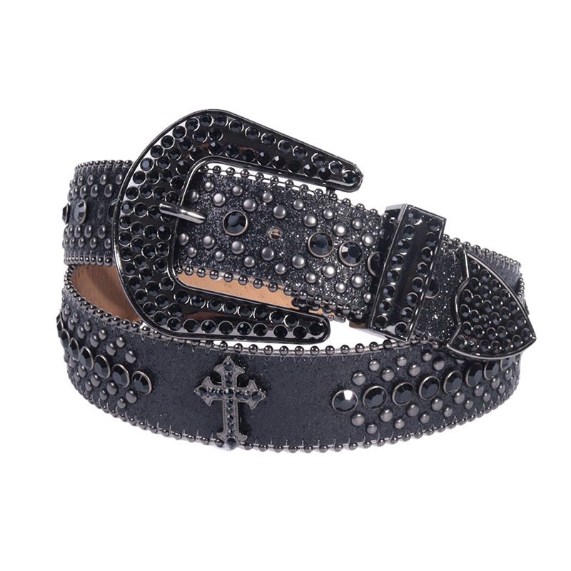 Y2K Bling Rhinestone Belt for Women Glitter Cross Studded Waist Strap Croc Texture Adjustable 115cm Dress Belt-Black - Image 1