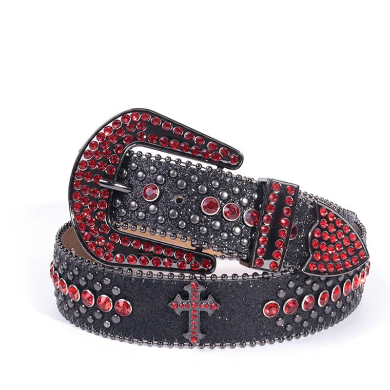 Y2K Bling Rhinestone Belt for Women Glitter Cross Studded Waist Strap Croc Texture Adjustable 125cm Dress Belt-Black-Red - Image 1