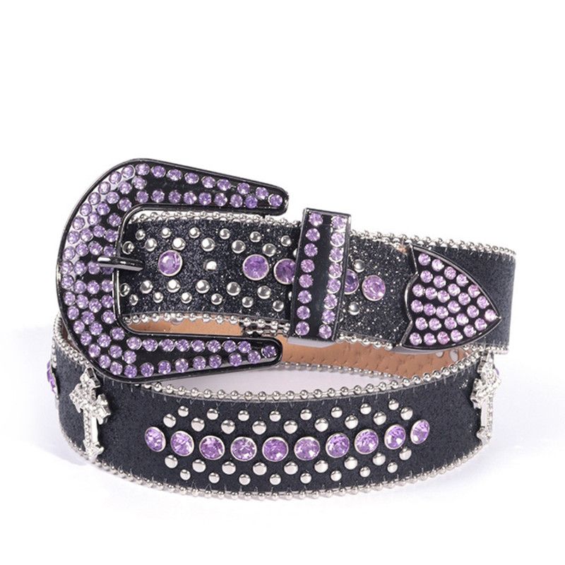 Y2K Bling Rhinestone Belt for Women Glitter Cross Studded Waist Strap Croc Texture Adjustable 135cm Dress Belt-Black-Purple - Image 1