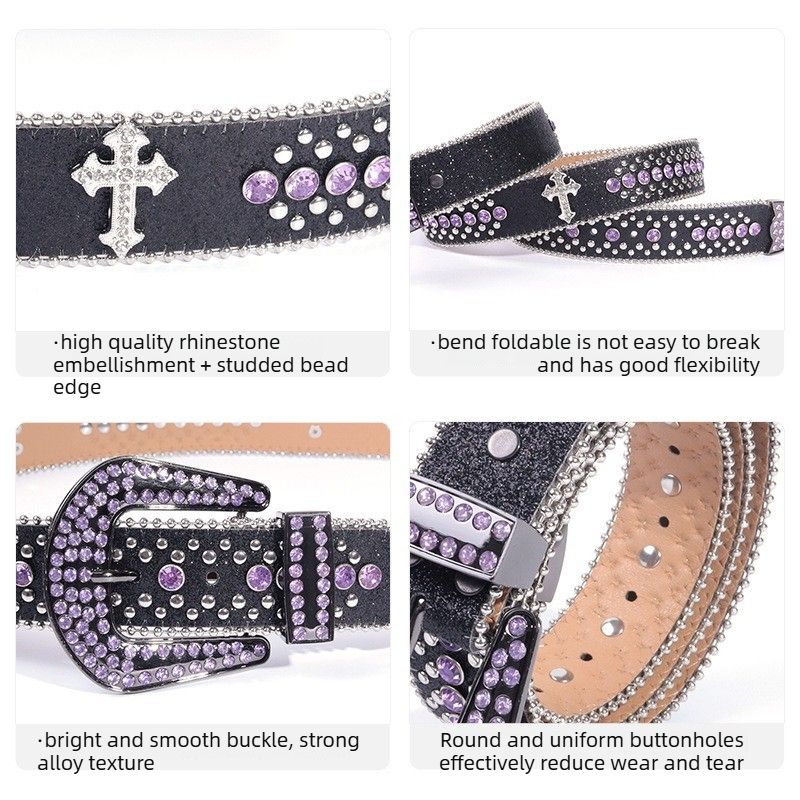 Y2K Bling Rhinestone Belt for Women Glitter Cross Studded Waist Strap Croc Texture Adjustable 135cm Dress Belt-Black-Purple - Image 2