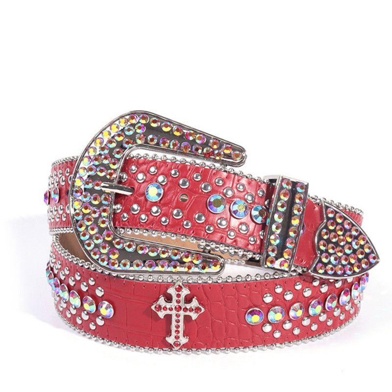 Y2K Bling Rhinestone Belt for Women Glitter Cross Studded Waist Strap Croc Texture Adjustable 105cm Dress Belt-Red - Image 1