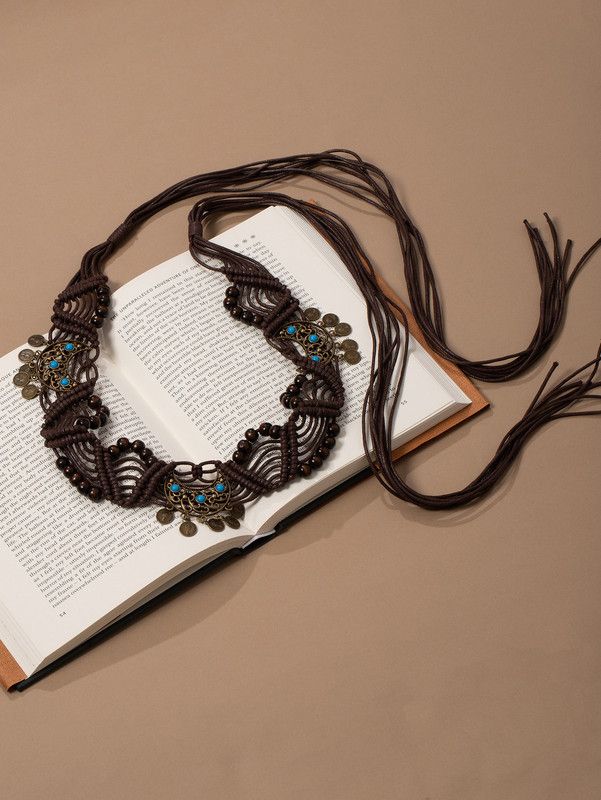 Boho Coin Turquoise Macrame Wide Waist Belt Hand Woven Fringe Drawstring Ethnic Dress Cincher Sash - Image 1