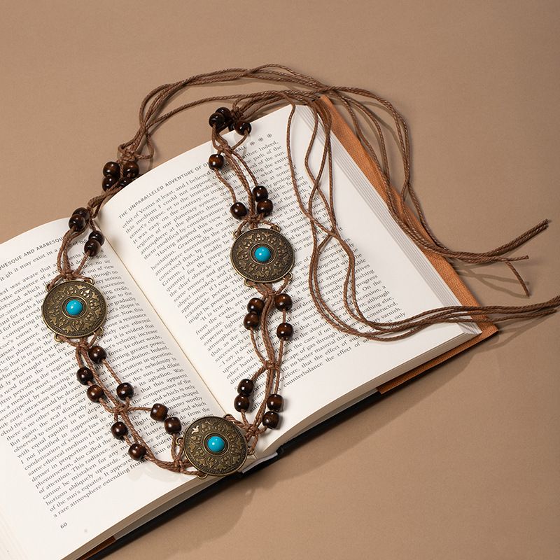 Vintage Turquoise Metal Disc Wooden Bead Macrame Waist Belt Adjustable Drawstring Boho Sash for Women Dresses - Image 1