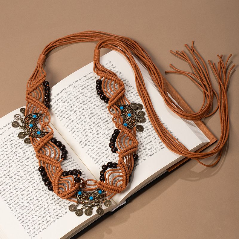 Rust Colour Macrame Coin Turquoise Wide Waist Sash Hand Woven Adjustable Fringe Boho Dress Belt - Image 1