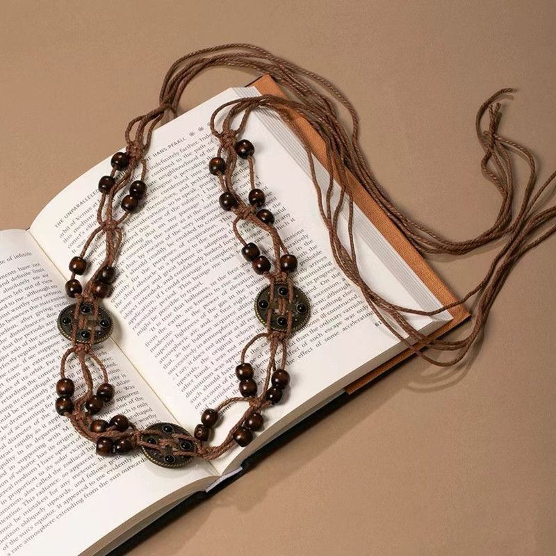 Ethnic Coin Wooden Bead Knotted Waist Belt Adjustable Drawstring Thin Boho Sash for Casual Dresses - Image 1