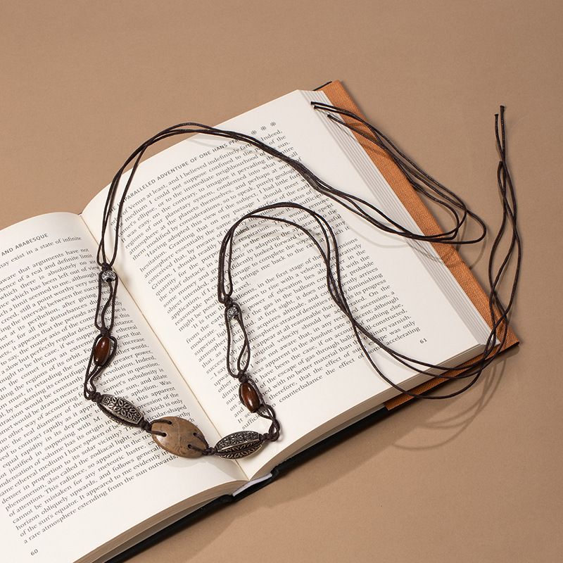 Vintage Carved Metal Wooden Slice Macrame Waist Belt Adjustable Drawstring Thin Ethnic Dress Sash - Image 1