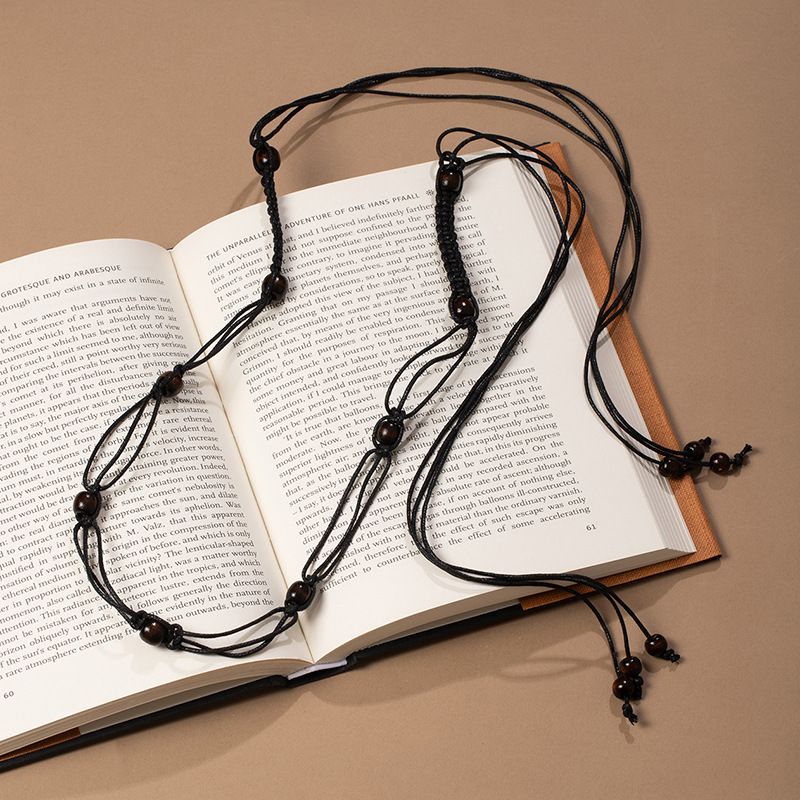 Vintage Dark Wooden Bead Macrame Waist Sash Adjustable Fringe Drawstring Thin Boho Dress Belt - Image 1
