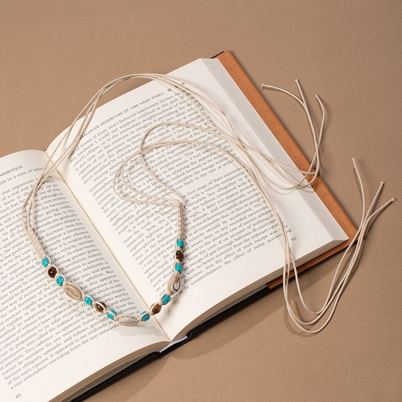 Coastal Cowrie Shell Turquoise Bead Macrame Waist Belt Adjustable Fringe Drawstring Boho Beach Sash - Image 1