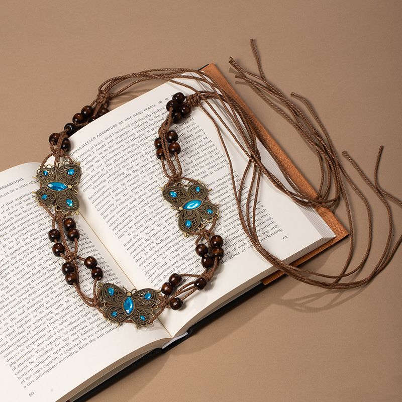Vintage Butterfly Turquoise Metal Wooden Bead Wide Macrame Waist Belt Adjustable Fringe Drawstring Ethnic Cincher - Image 1