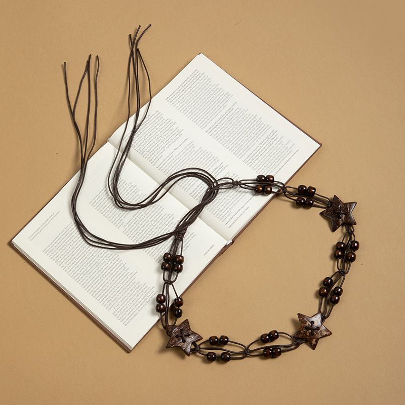 Boho Star Wooden Bead Drawstring Waist Belt Adjustable Fringe Thin Macrame Sash Vintage Dress Cincher for Women - Image 1
