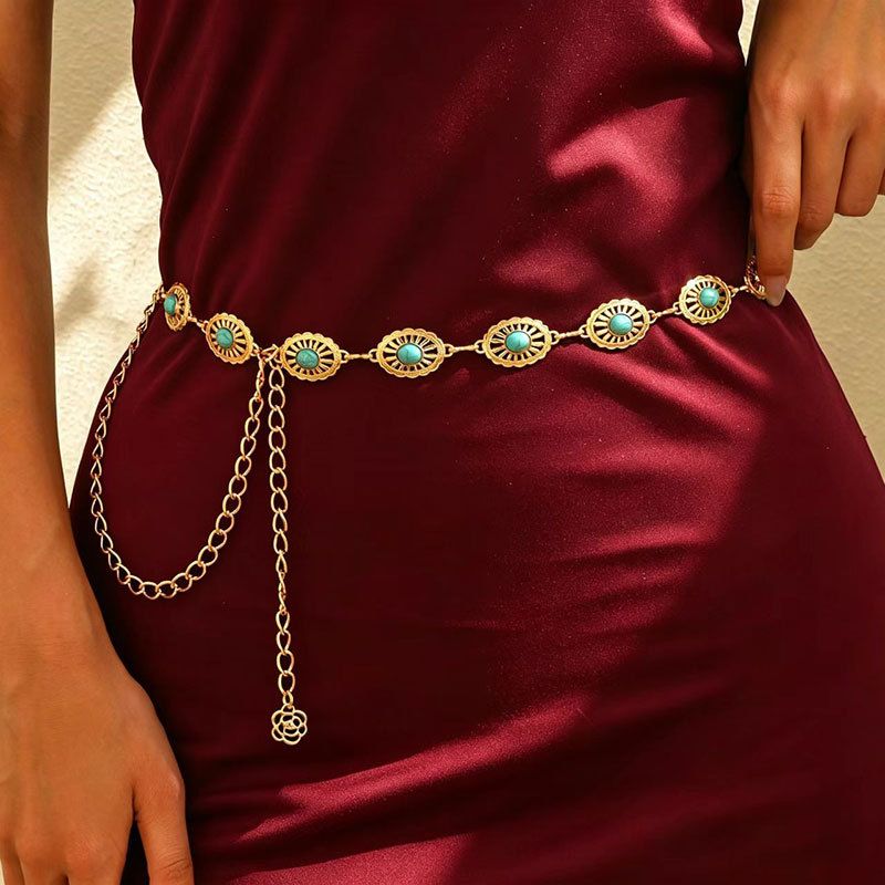 Vintage Turquoise Gold Metal Waist Chain Hollow Floral Linked Belt Adjustable Dangle Chain Sash for Dresses - Image 1