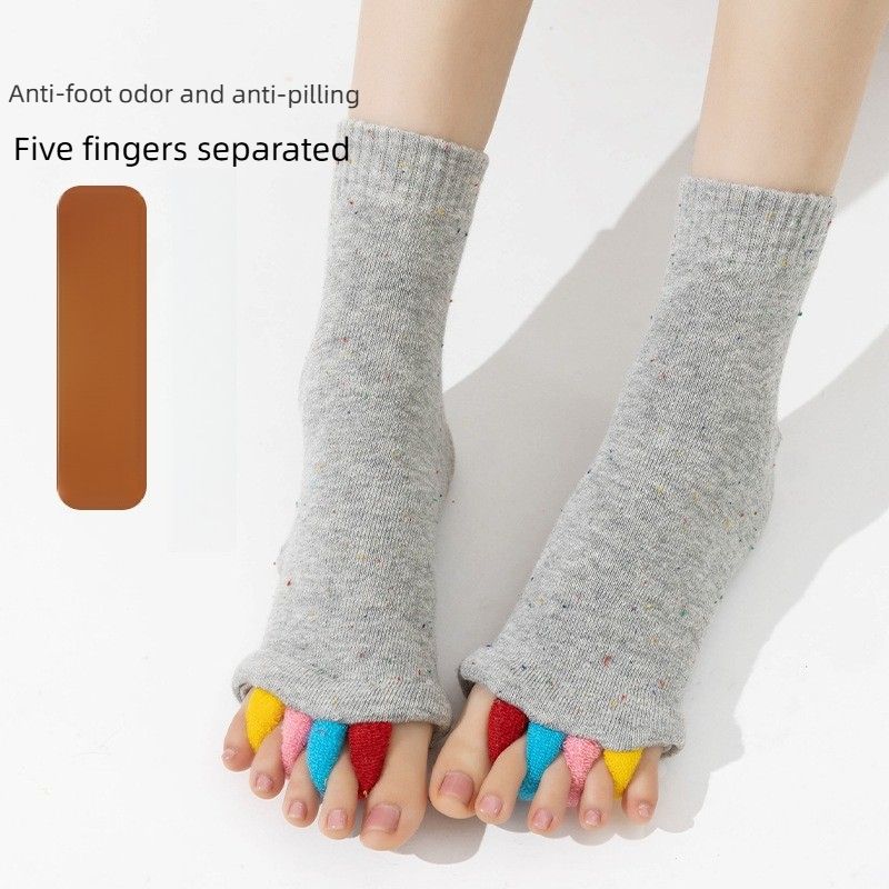 Five Toe Separator Yoga Socks Non Slip Open Toe Pilates Barre Foot Socks Breathable Stretch Studio Workout Socks-Gray - Image 1