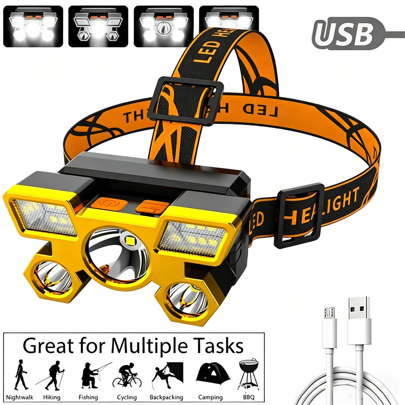 Outdoor Multi-Function LED Headlamp - 4-Level Dimmable Waterproof Headlamp - Head-Mounted Headlamp - Spotlight - Ideal for Night Fishing, Hiking, Camping, and Work - High-Power Flashlight - Gold - Image 1