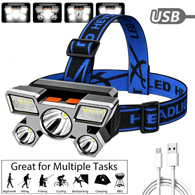 Outdoor Multi-Function LED Headlamp - 4-Level Dimmable Waterproof Headlamp - Head-Mounted Headlamp - Spotlight - Ideal for Night Fishing, Hiking, Camping, and Work - High-Power Flashlight - Silver - Image 1
