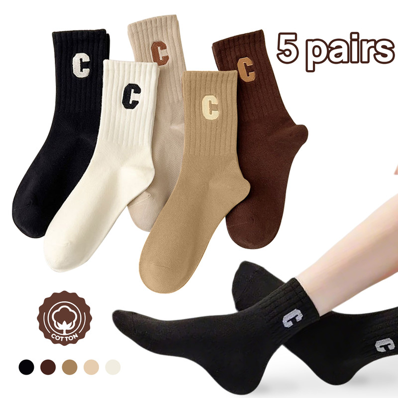 Socks - 5 Pairs of Women's Socks - Women's Athletic Socks - Soft - Breathable - Casual Socks - Fashionable Instagram-Style - All-Season - One-Size-Fits-All Women's Socks - Simple Letter Print - Women's Ankle Socks - Image 1