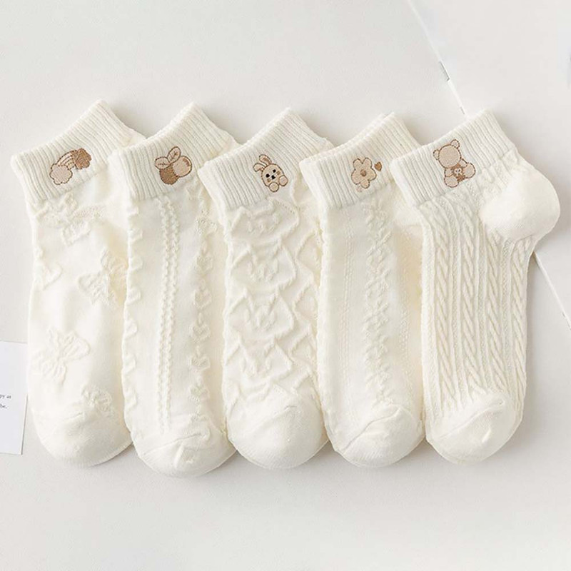 5-Pair White Series Ankle Socks, Women's Cute Socks - Printed Socks - House Socks - Casual Socks. - Image 1