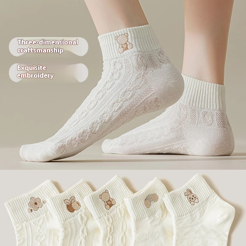 5-Pair White Series Ankle Socks, Women's Cute Socks - Printed Socks - House Socks - Casual Socks. - Image 2