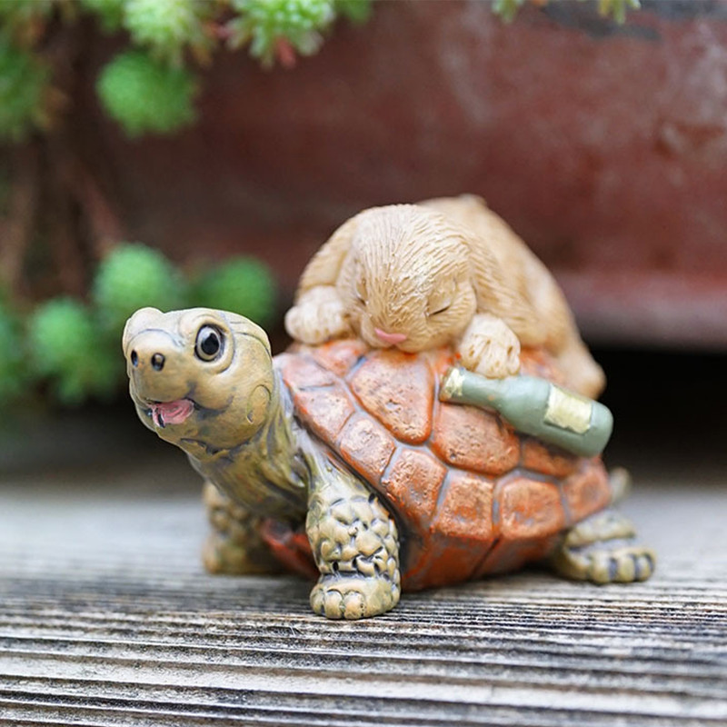 Drunk Bunny and Turtle Animal Resin Sculpture for Balcony and Flower Pots - Image 1