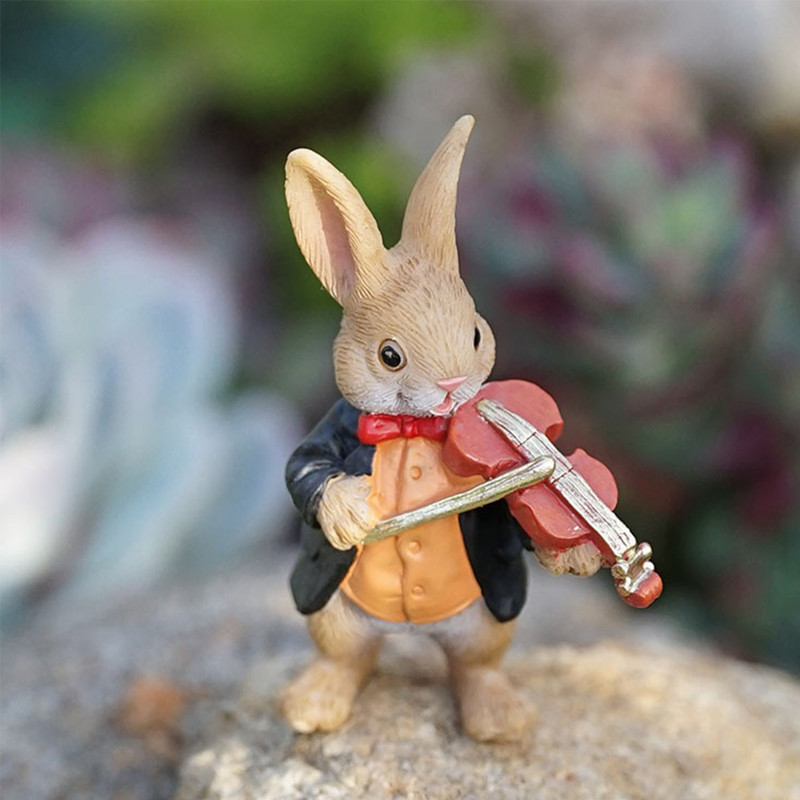 Rustic Violin Rabbit Animal Resin Sculpture for Flower Pots, Gardens, Tables, and Cabinets - Image 1