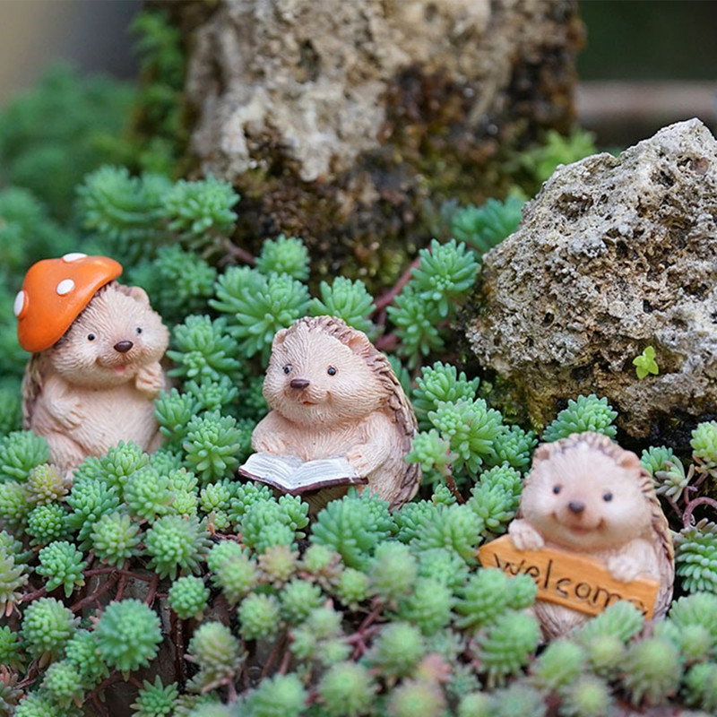 Set of Three Hedgehog Resin Ornaments – Desktop Decor and Flower Pot Decor - Image 1