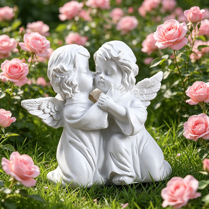 Angel Boy & Girl Hugging Figurine, Resin Romantic Decor - Image 1