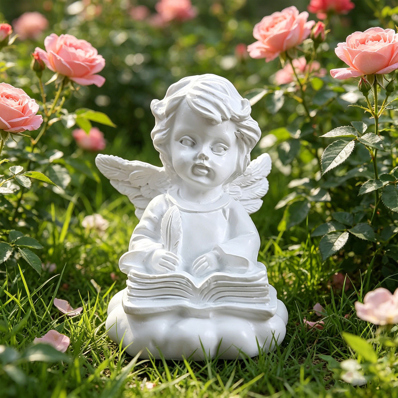Reading Angel Figurine, Resin Book Lover Decor Sculpture - Image 1