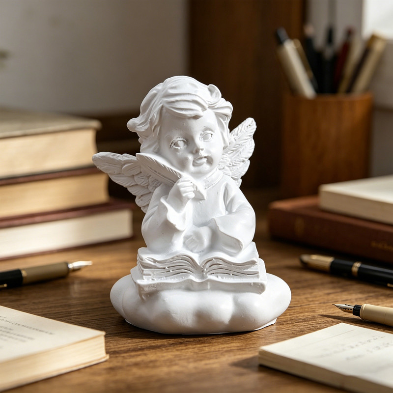 Reading Angel with Chin Rest, Resin Mini Figurine Desk Decor - Image 1