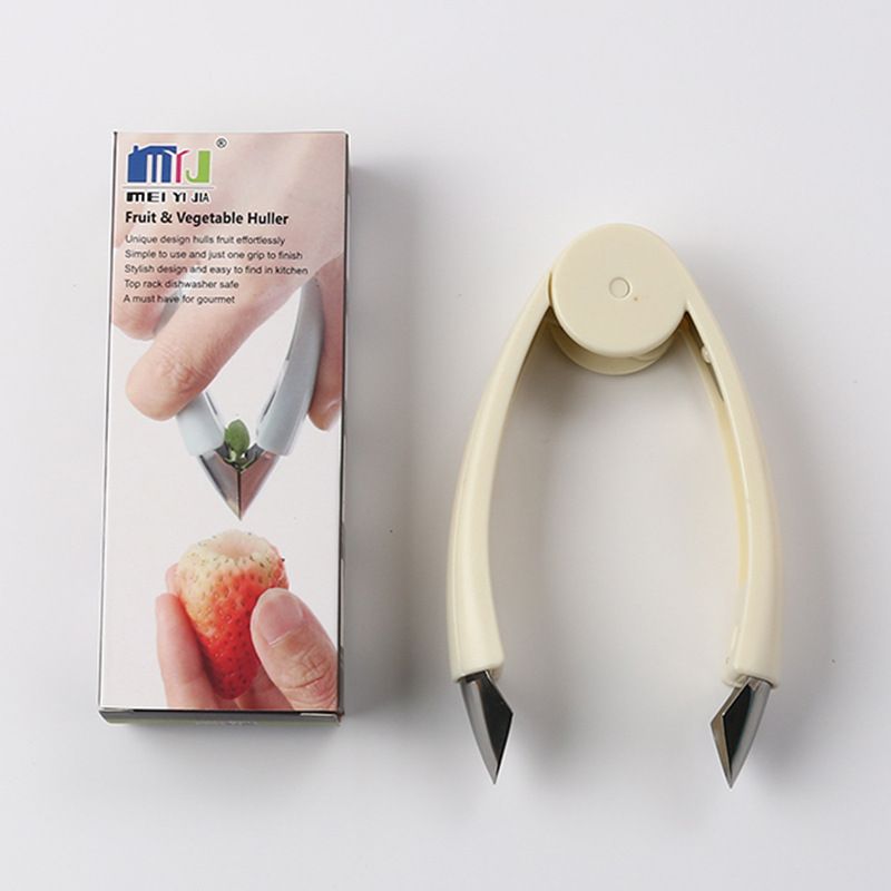 Stem Remover Tool for Strawberry, V Shape Fruit Huller Clip, Portable Berry Leaf Corer Picker for Kitchen-Cream - Image 2