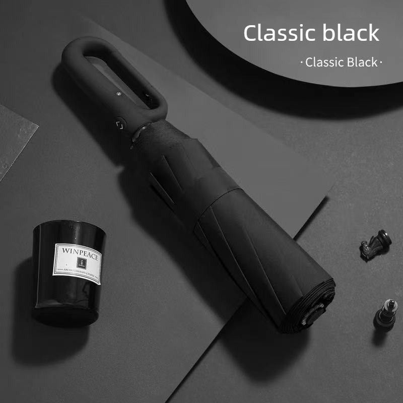 Automatic Open Close Folding Umbrella 105cm Large Canopy Windproof Double Ribs Travel Rain Umbrella-Black - Image 2