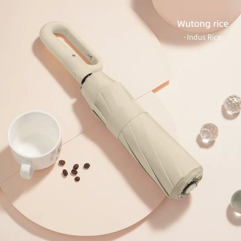 Automatic Open Close Folding Umbrella 105cm Large Canopy Windproof Double Ribs Travel Rain Umbrella-Beige - Image 2