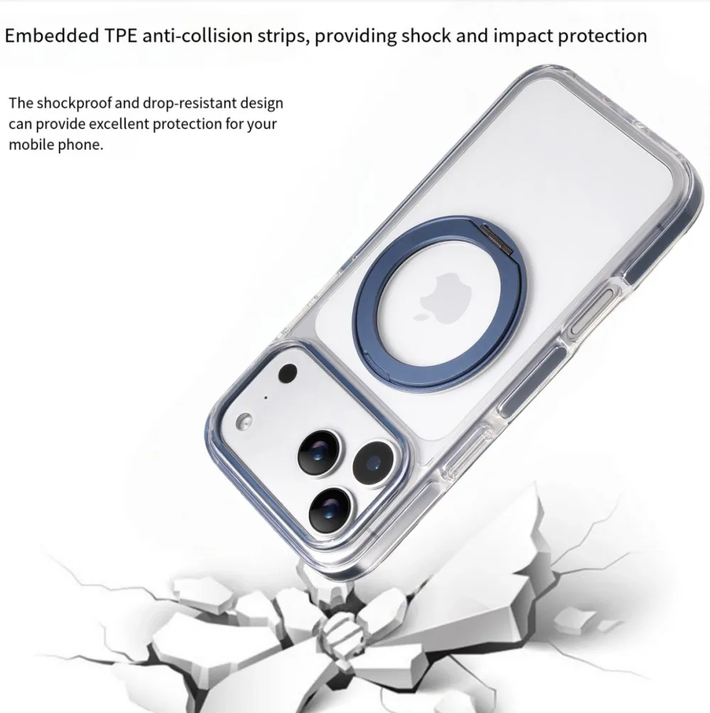 Clear MagSafe iPhone 17 Pro Max Case with 360° Rotating Ring Stand - Blue Edition - Image 3