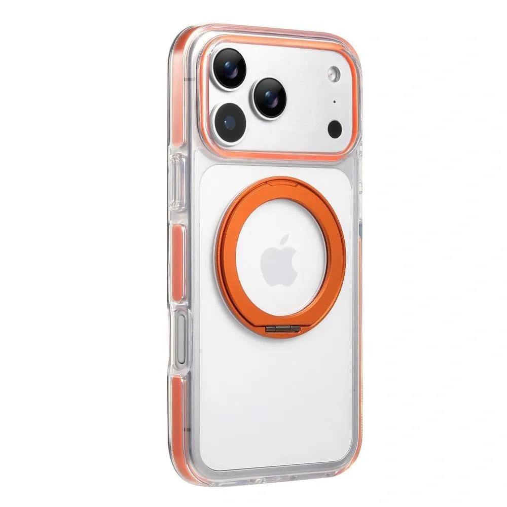 Clear MagSafe iPhone 17 Pro Max Case with 360° Rotating Ring Stand - Orange Edition - Image 1