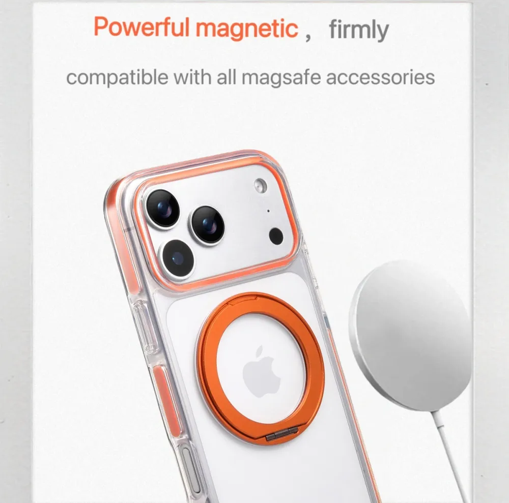 Clear MagSafe iPhone 17 Pro Max Case with 360° Rotating Ring Stand - Orange Edition - Image 2