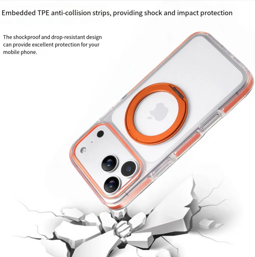 Clear MagSafe iPhone 17 Pro Max Case with 360° Rotating Ring Stand - Orange Edition - Image 3