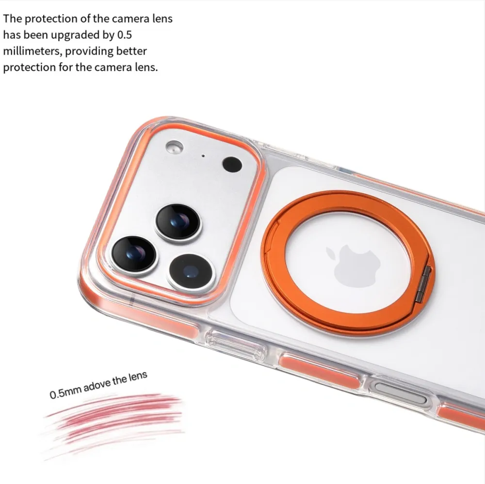 Clear MagSafe iPhone 17 Pro Max Case with 360° Rotating Ring Stand - Orange Edition - Image 4