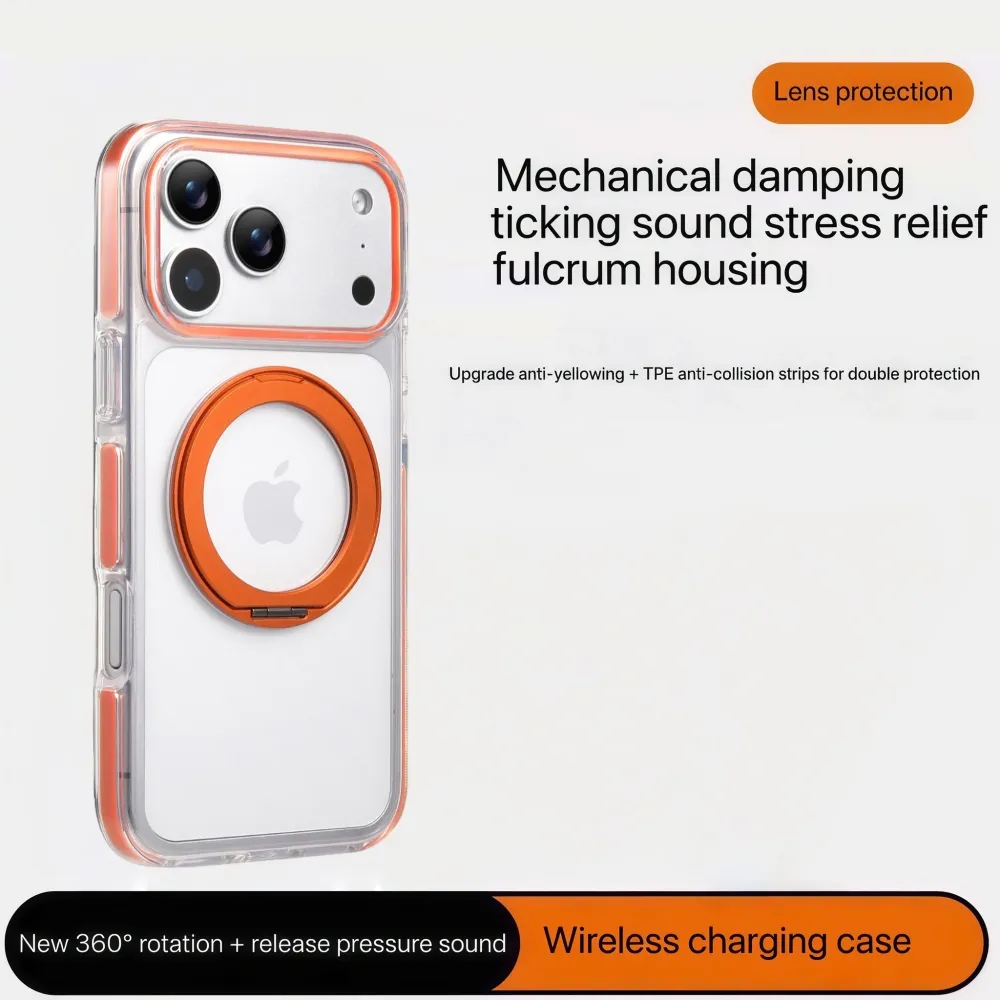 Clear MagSafe iPhone 17 Pro Max Case with 360° Rotating Ring Stand - Orange Edition - Image 5