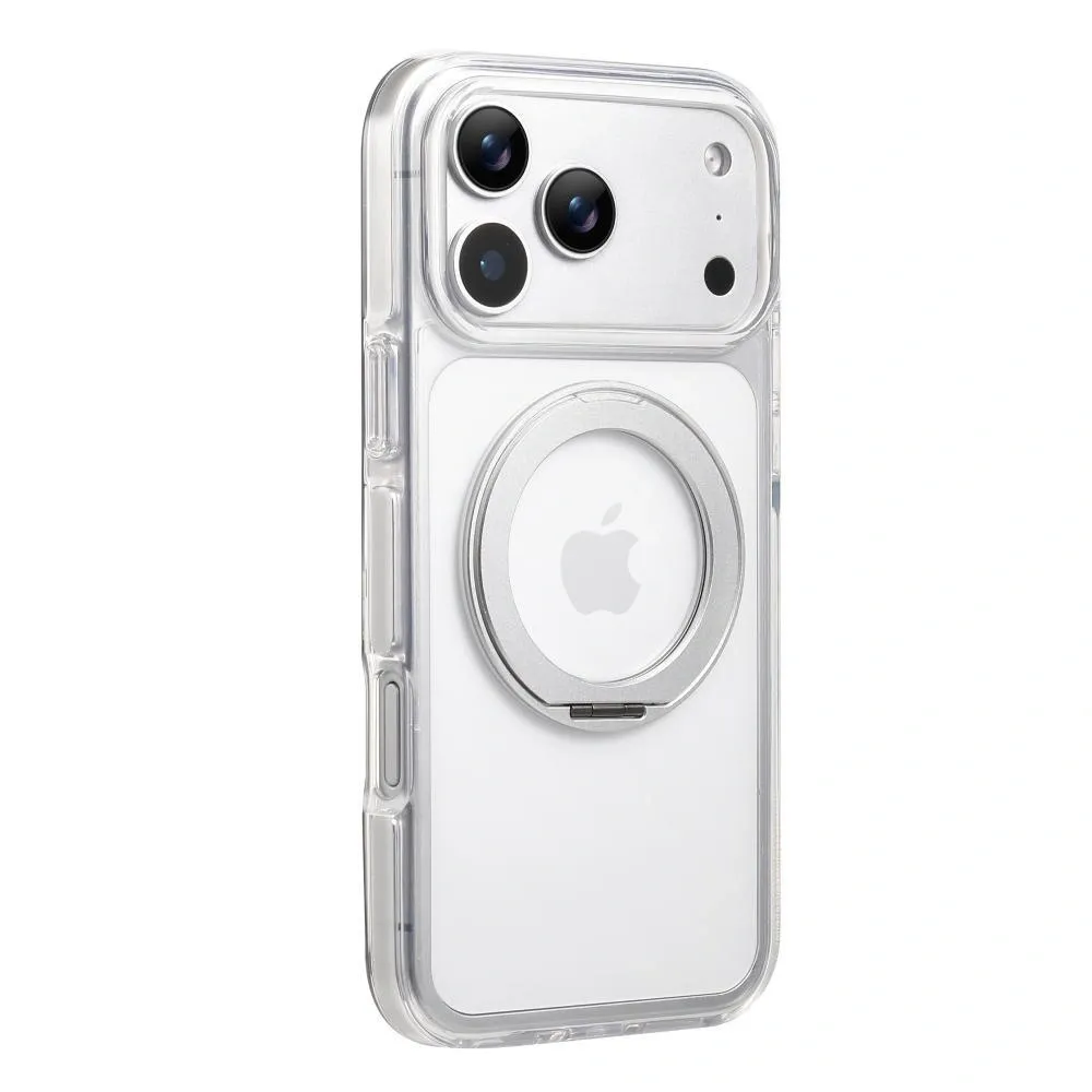 Clear MagSafe iPhone 17 Pro Max Case with 360° Rotating Ring Stand - Silver Edition - Image 1