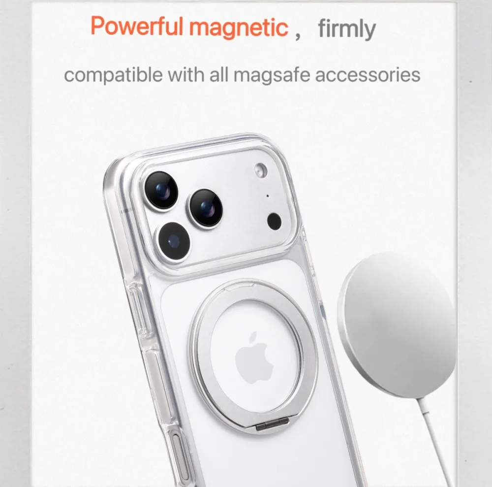 Clear MagSafe iPhone 17 Pro Max Case with 360° Rotating Ring Stand - Silver Edition - Image 2
