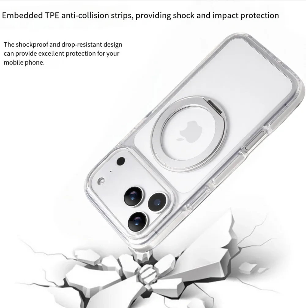 Clear MagSafe iPhone 17 Pro Max Case with 360° Rotating Ring Stand - Silver Edition - Image 3