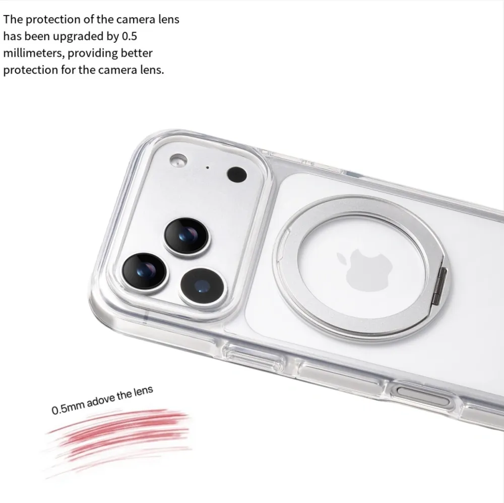 Clear MagSafe iPhone 17 Pro Max Case with 360° Rotating Ring Stand - Silver Edition - Image 4